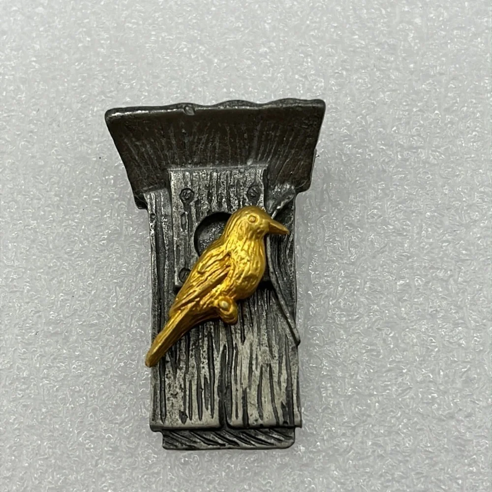 Pewter Birdhouse with Gold Bird  1999 Hallmark, M. Bastin  Bird Collectors Pin